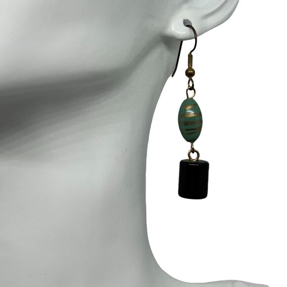 Boho Turquoise & Black Drop Earring - Gold-Tone Striped Jade Bead Dangle - Picture 5 of 7